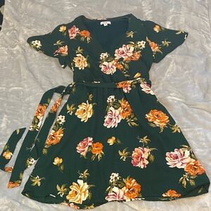Floral Wrap Women’s Dress - Green and Orange